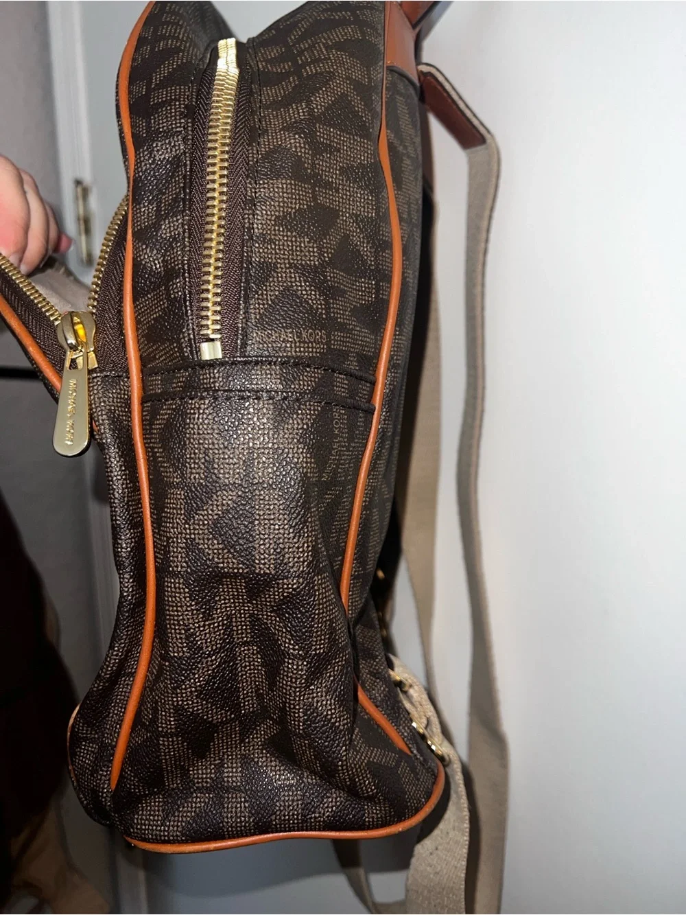 Michael Kors Brown MK Monogram Backpack with Tan Trim